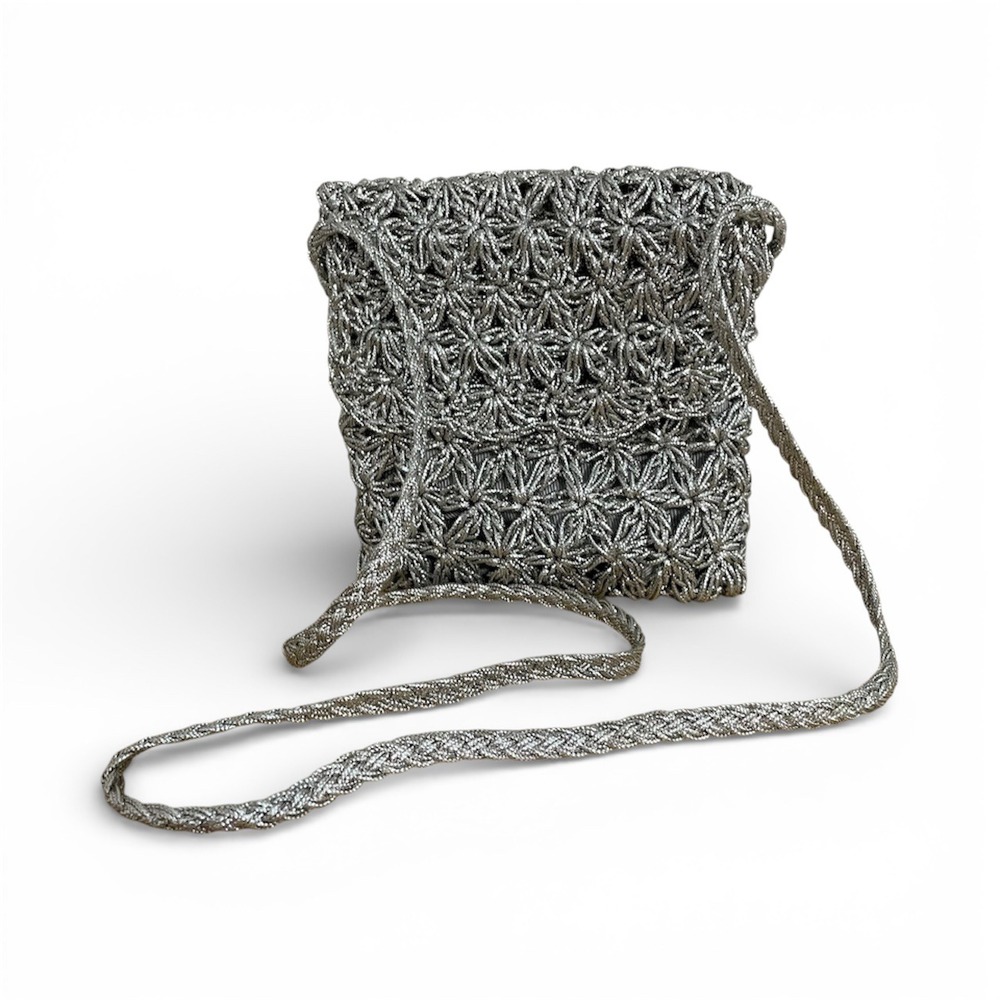 Vintage Y2K Marshall & Gilster Metallic Silver Crochet Long Strap Shoulder Bag